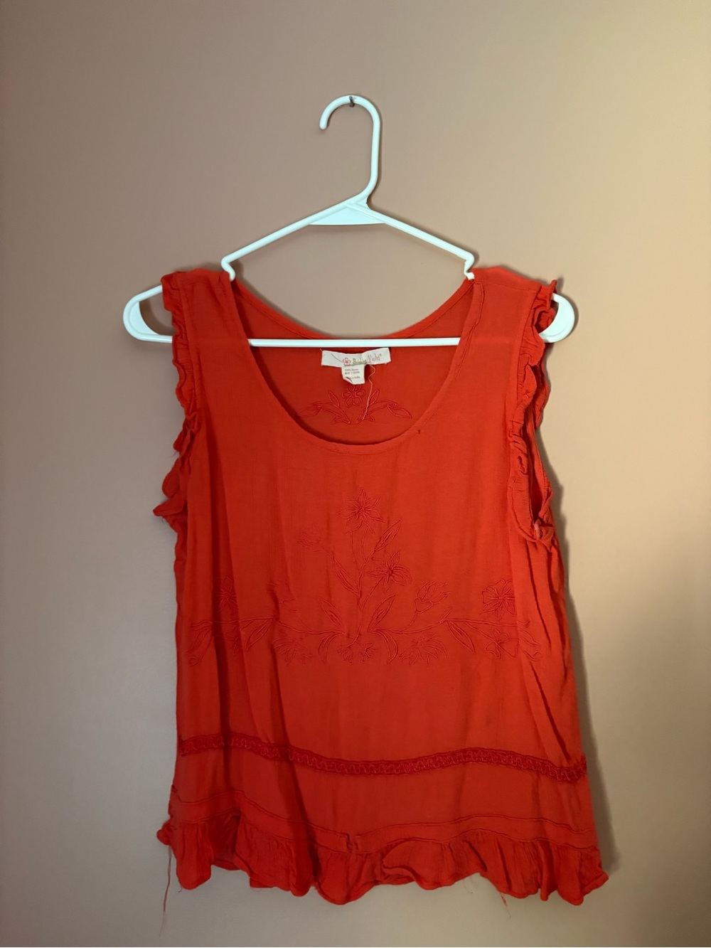 Shrinking Violet Coral Red Ruffle-Trim Sleeveless Tank